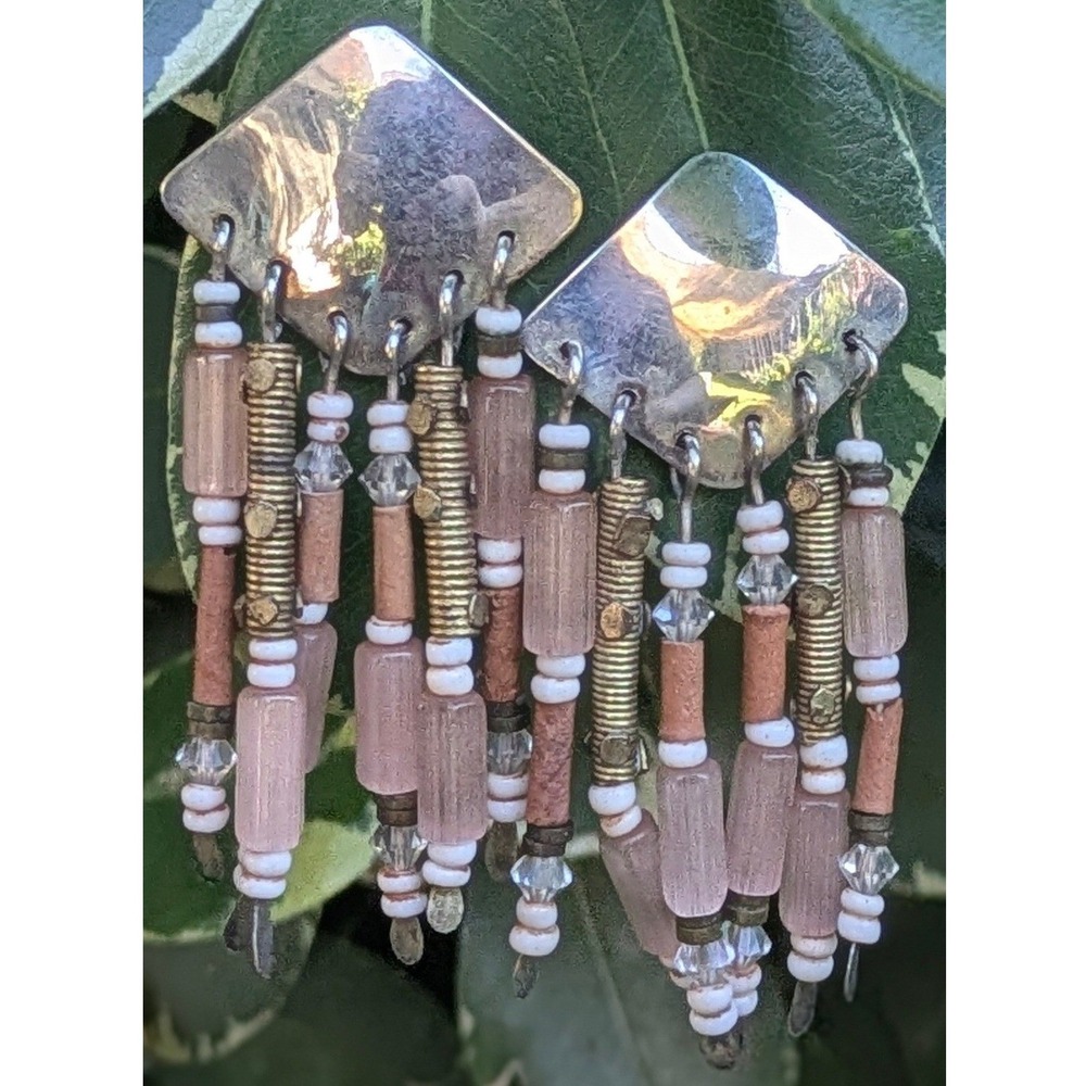 Native Vintage D. Woods Sterling Silver Dangle Earrings Pink Beaded Statement